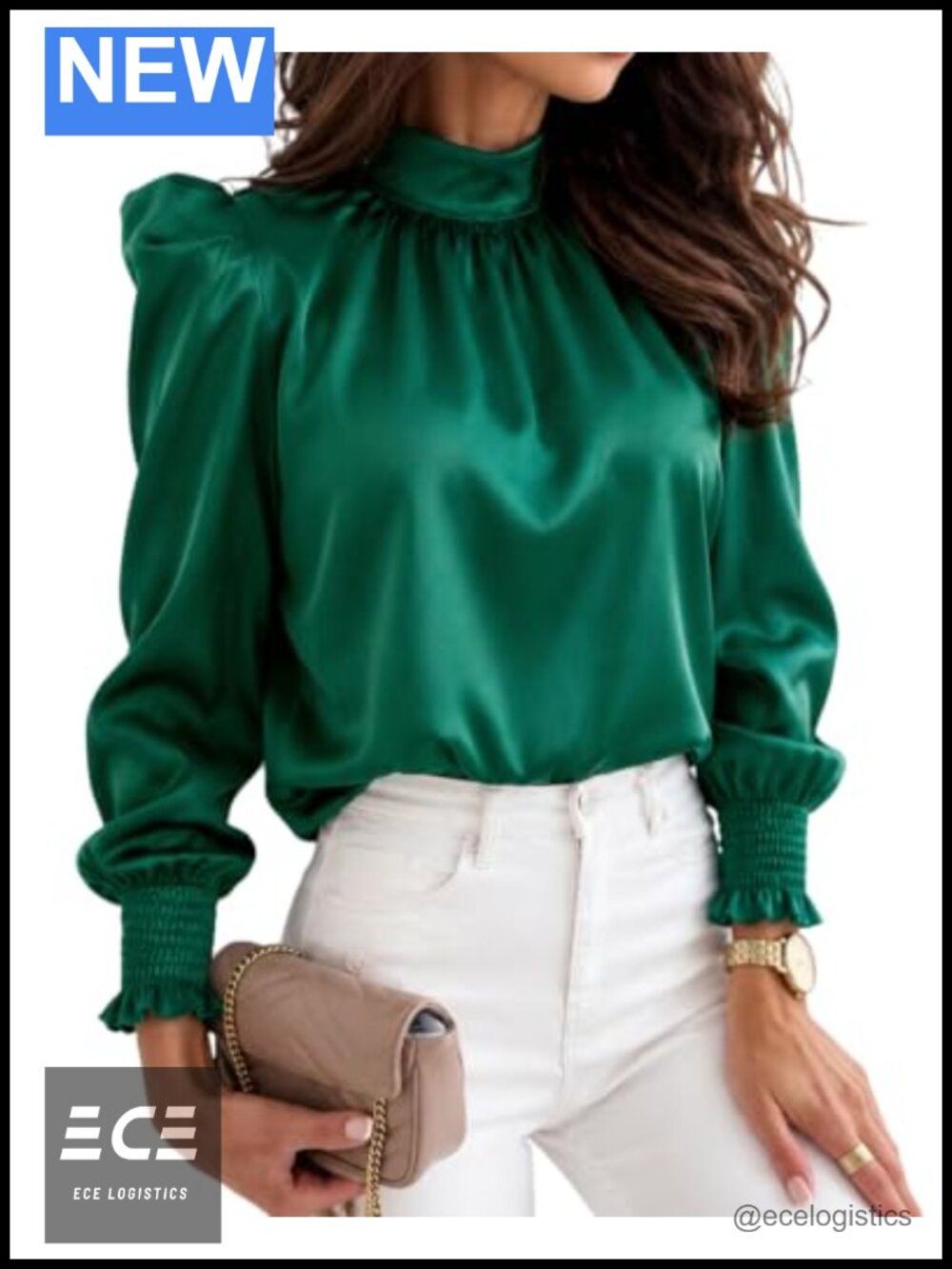 Satin Blouse Mock Neck Puff Long Sleeve Business Casual Top